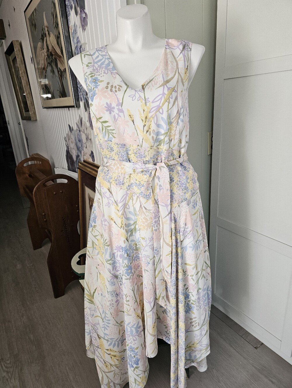 Calvin Klein Chiffon Floral Maxi Dress XL 12 14 Handkerchief Sea Spray Pastel